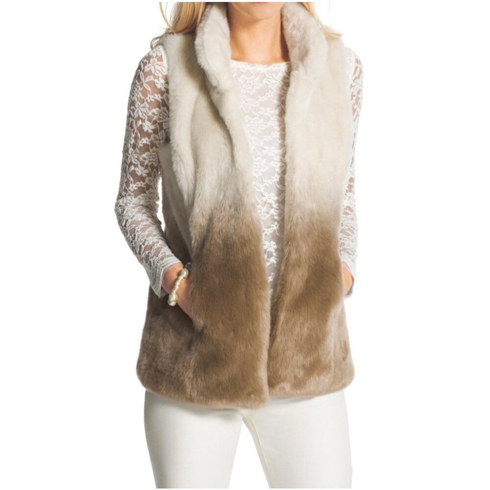 Chicos Womens Ombre Faux Fur Tan Ivory Open Front Pockets Soft size Medium